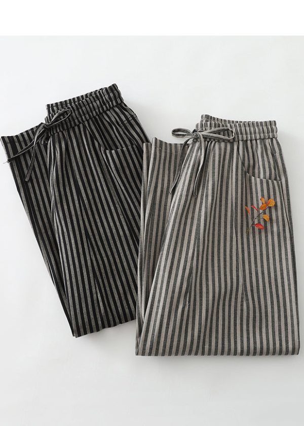 Simple Grey Oversized Striped Linen Pants Spring - Image 4