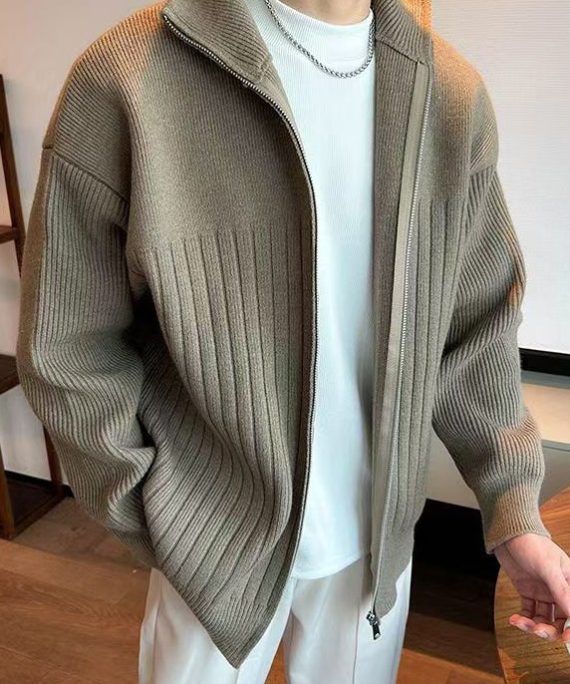 Simple Khaki Zip Up Cozy Knit Mens Coats Spring