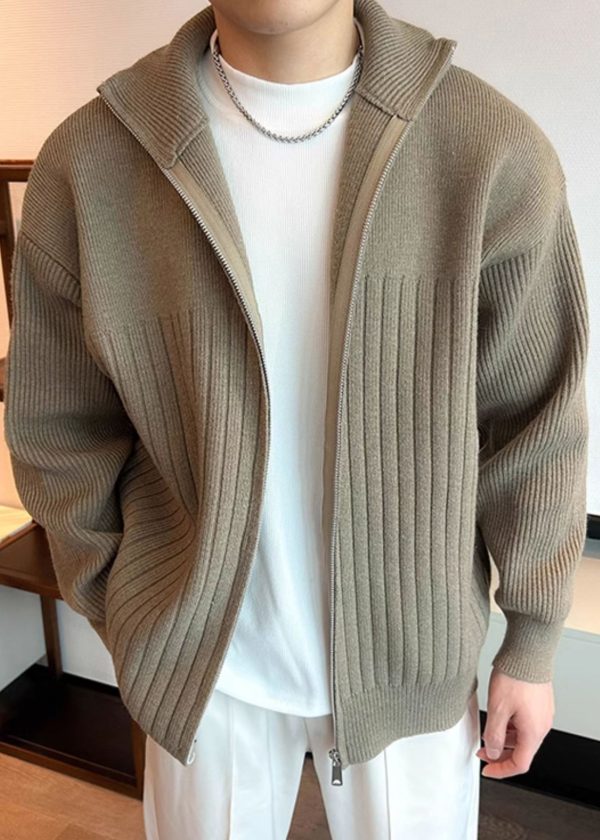 Simple Khaki Zip Up Cozy Knit Mens Coats Spring - Image 3
