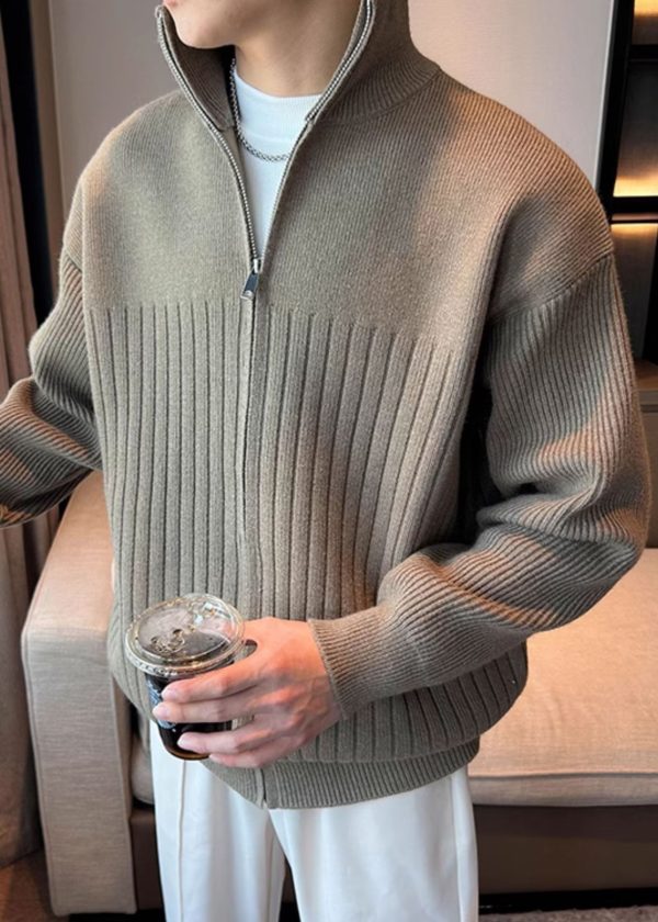 Simple Khaki Zip Up Cozy Knit Mens Coats Spring - Image 4