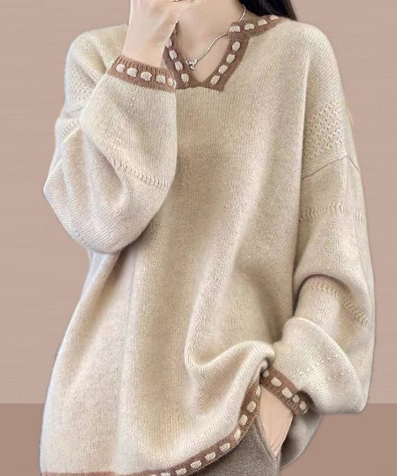 Simple Light Camel V Neck Patchwork Knit Sweaters Spring
