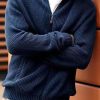 Simple Navy Zip Up Pockets Knit Men Cardigan Spring