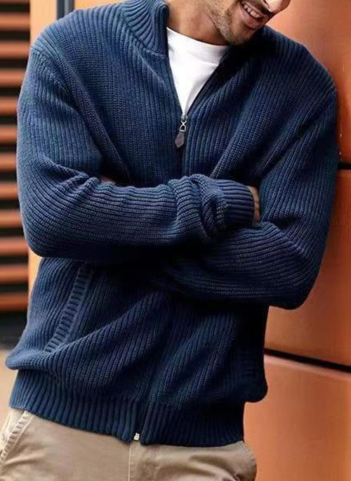 Simple Navy Zip Up Pockets Knit Men Cardigan Spring
