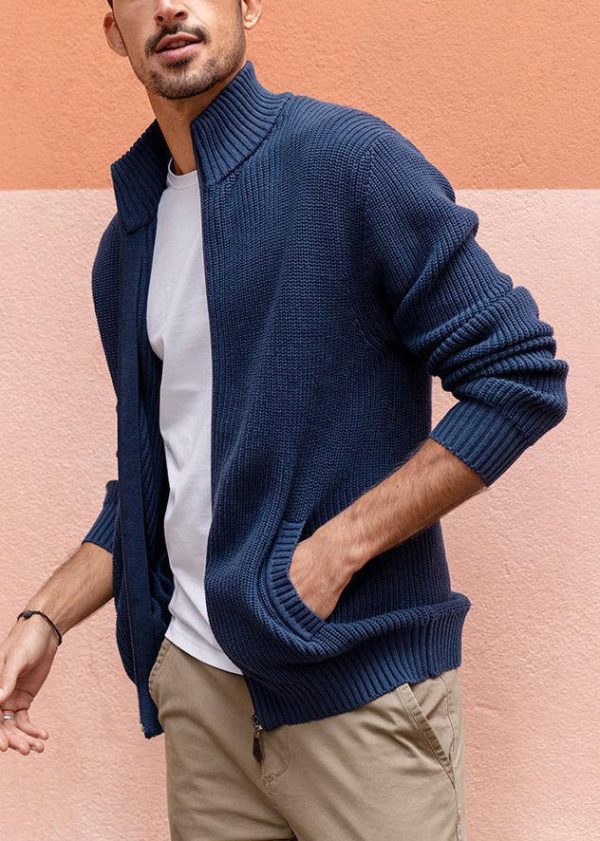 Simple Navy Zip Up Pockets Knit Men Cardigan Spring - Image 4