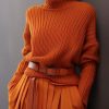 Simple Orange Turtleneck Solid Thick Knit Sweaters Spring