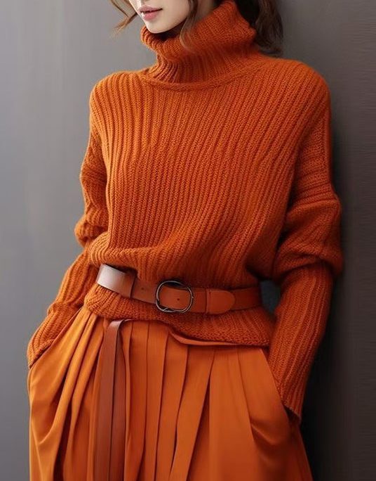 Simple Orange Turtleneck Solid Thick Knit Sweaters Spring