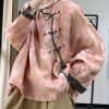 Simple Pink Asymmetrical Print Linen Blouse Tops Spring