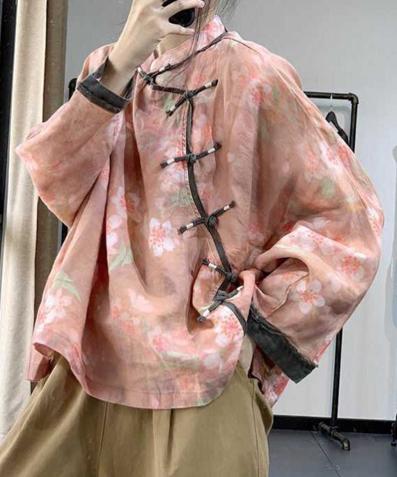 Simple Pink Asymmetrical Print Linen Blouse Tops Spring