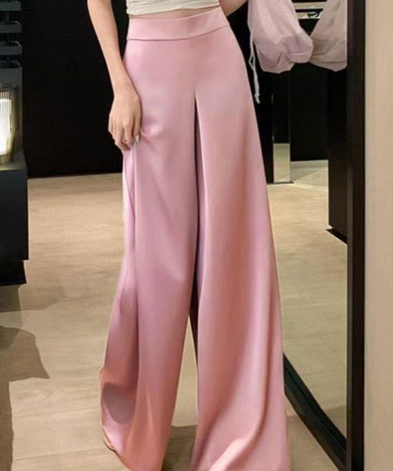 Simple Pink Solid High Waist Silk Wide Leg Pants Summer