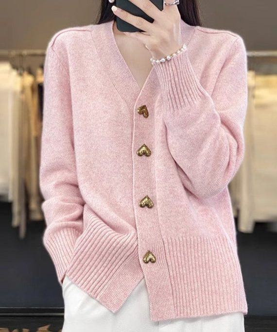 Simple Pink V Neck Button Cozy Knit Coat Spring