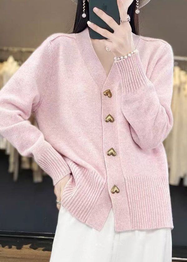 Simple Pink V Neck Button Cozy Knit Coat Spring - Image 2
