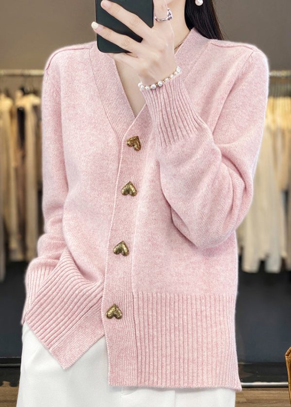 Simple Pink V Neck Button Cozy Knit Coat Spring - Image 4