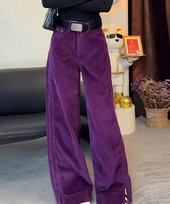 Simple Purple High Waist Side Open Corduroy Straight Pants Spring