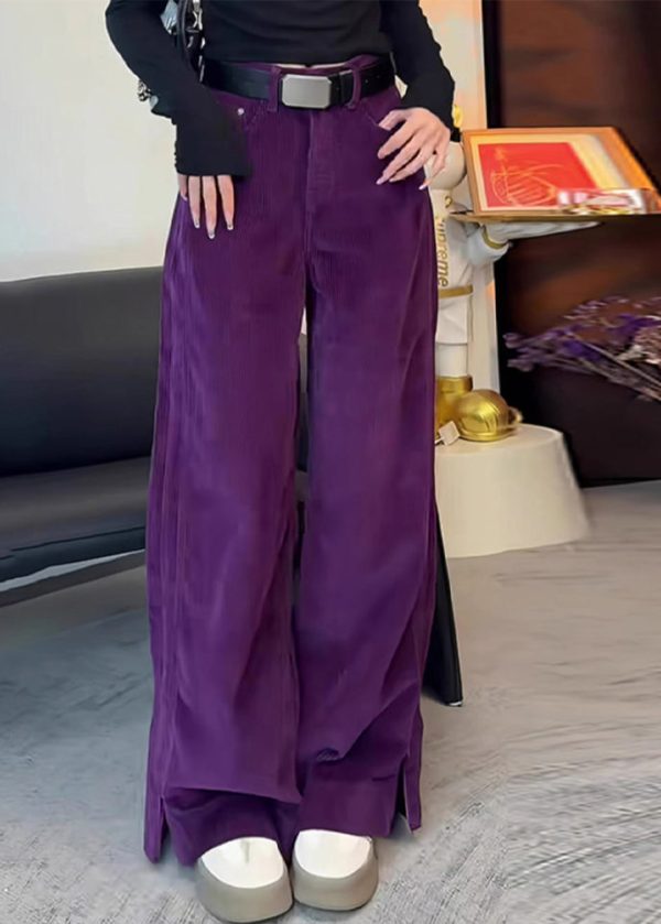 Simple Purple High Waist Side Open Corduroy Straight Pants Spring - Image 2