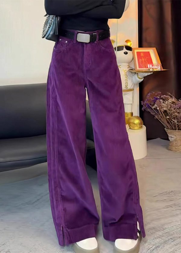 Simple Purple High Waist Side Open Corduroy Straight Pants Spring - Image 3