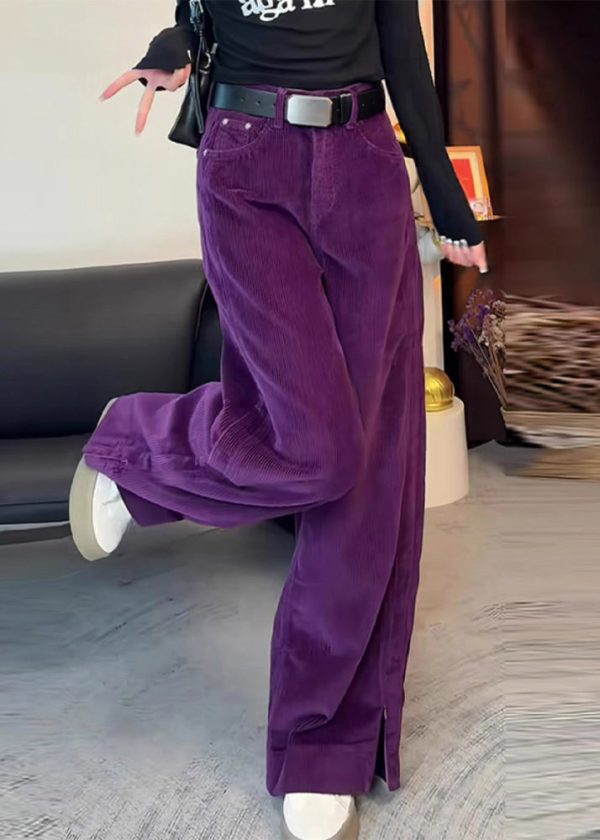 Simple Purple High Waist Side Open Corduroy Straight Pants Spring - Image 4