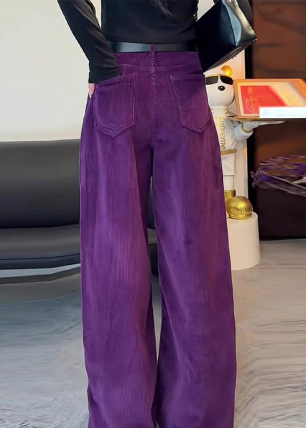 Simple Purple High Waist Side Open Corduroy Straight Pants Spring - Image 5