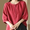 Simple Red O Neck Button Cotton Shirts Bracelet Sleeve