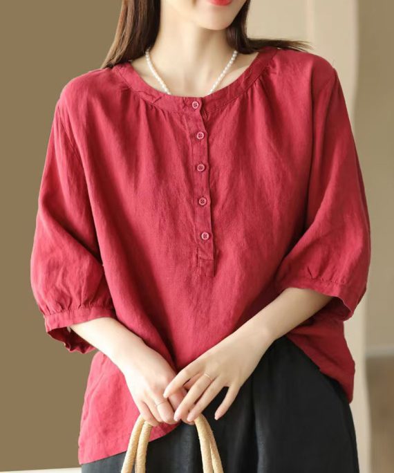 Simple Red O Neck Button Cotton Shirts Bracelet Sleeve