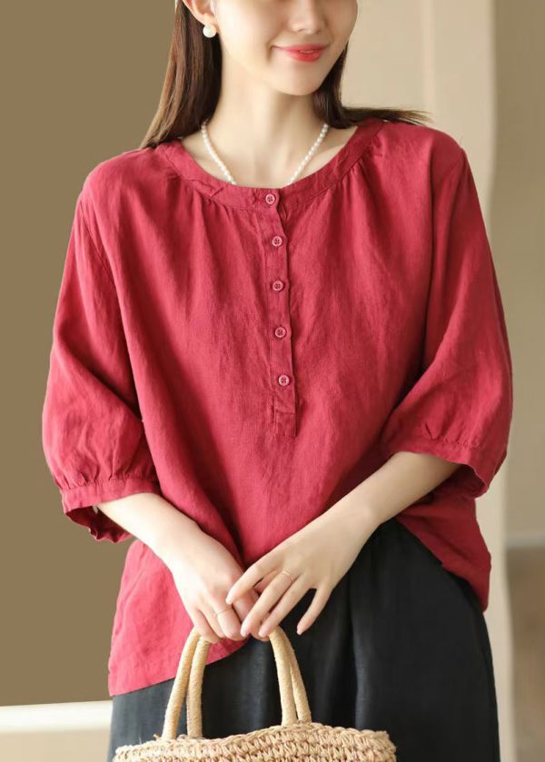 Simple Red O Neck Button Cotton Shirts Bracelet Sleeve