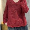 Simple Red Oversized Hollow Out Knit Pullover Spring