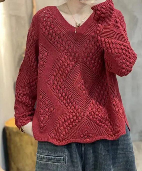 Simple Red Oversized Hollow Out Knit Pullover Spring
