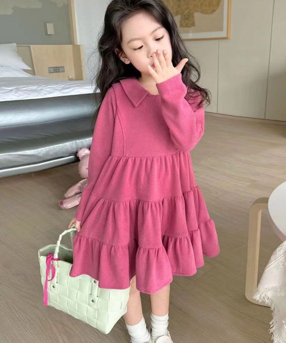 Simple Rose Patchwork Wrinkled Kids Long Dresses Fall