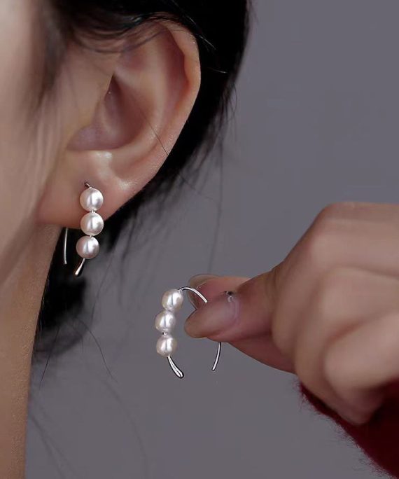 Simple Silk Sterling Silver Pearl Hoop Earrings