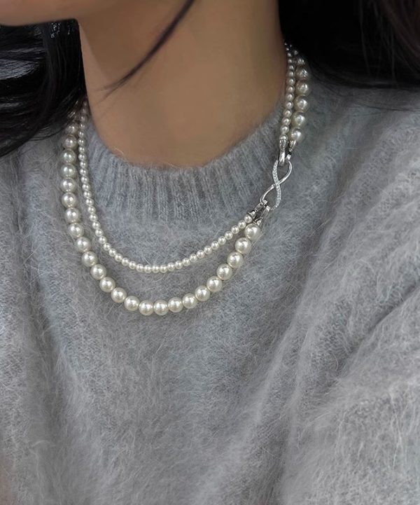Simple Silk Sterling Silver Round Pearl Sweater Graduated Bead Necklace - Image 2