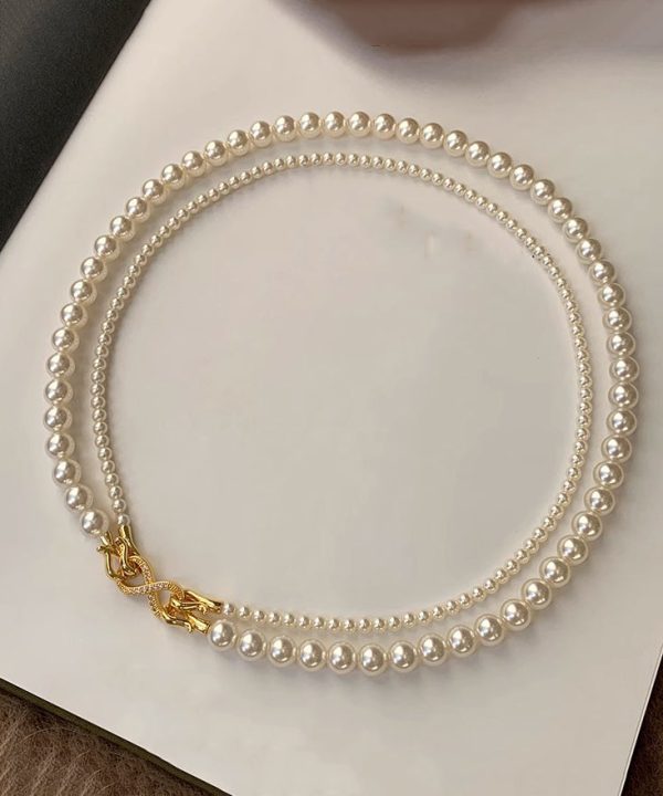 Simple Silk Sterling Silver Round Pearl Sweater Graduated Bead Necklace - Image 4
