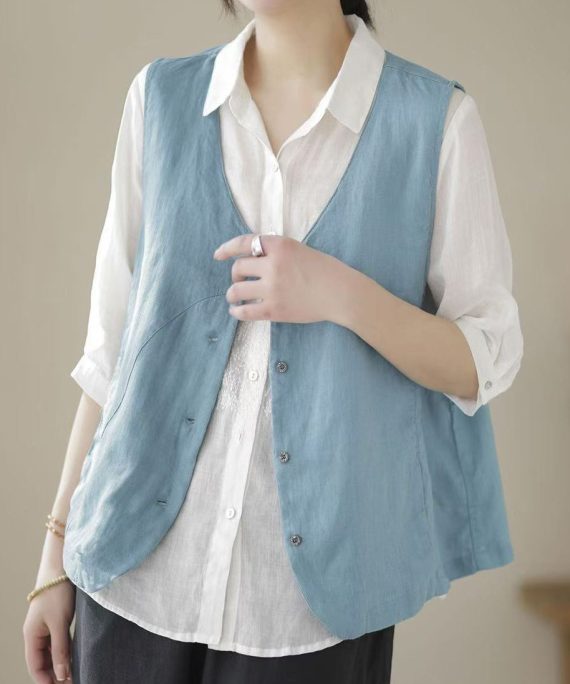 Simple Sky Blue V Neck Button Cotton Waistcoat Sleeveless