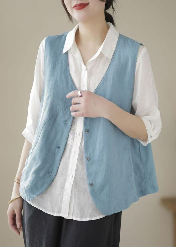 Simple Sky Blue V Neck Button Cotton Waistcoat Sleeveless