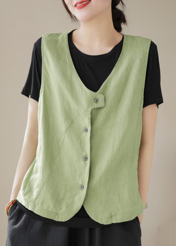 Simple Sky Blue V Neck Button Cotton Waistcoat Sleeveless - Image 2