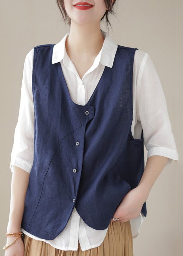 Simple Sky Blue V Neck Button Cotton Waistcoat Sleeveless - Image 3