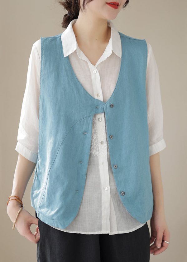Simple Sky Blue V Neck Button Cotton Waistcoat Sleeveless - Image 4