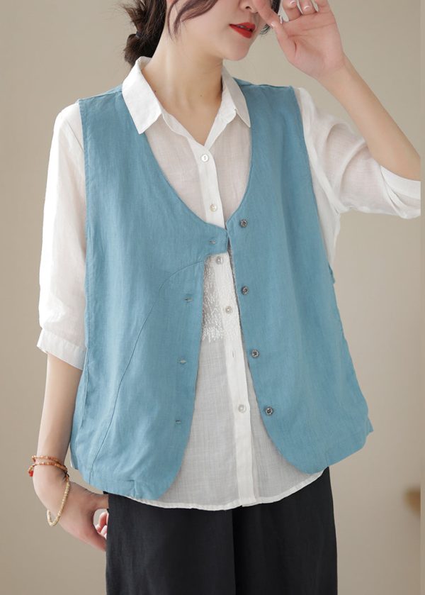Simple Sky Blue V Neck Button Cotton Waistcoat Sleeveless - Image 5
