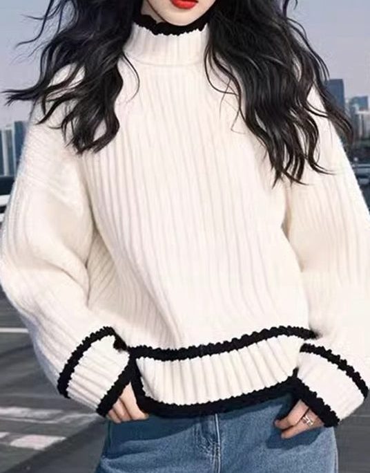Simple Versatile White O Neck Thick Knit Sweaters Spring