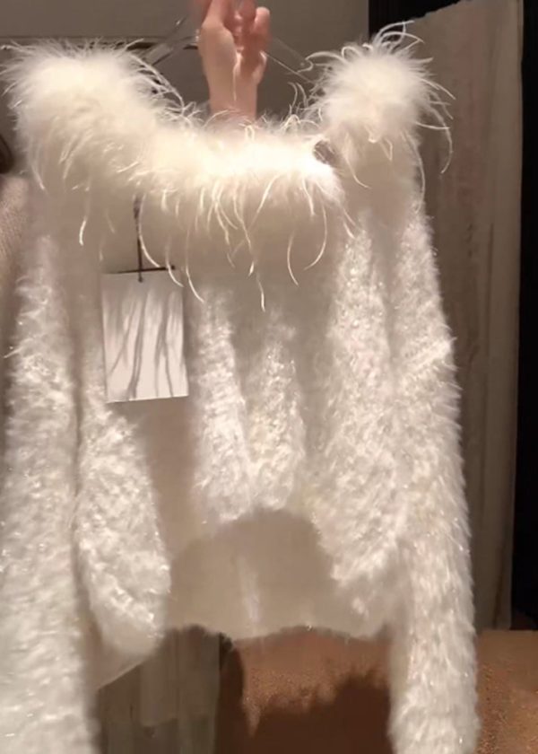 Simple White Fur Collar Cozy Solid Knit Sweater Spring - Image 2