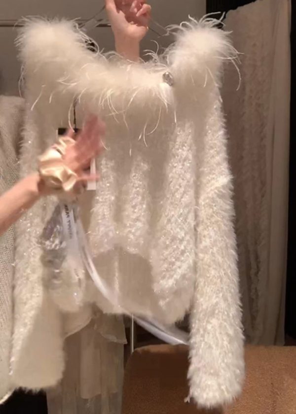 Simple White Fur Collar Cozy Solid Knit Sweater Spring - Image 3