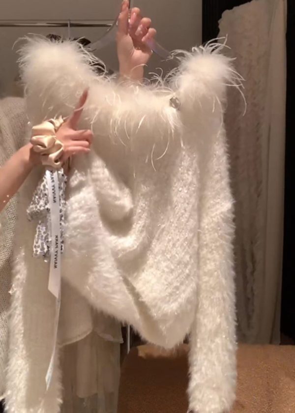 Simple White Fur Collar Cozy Solid Knit Sweater Spring - Image 5