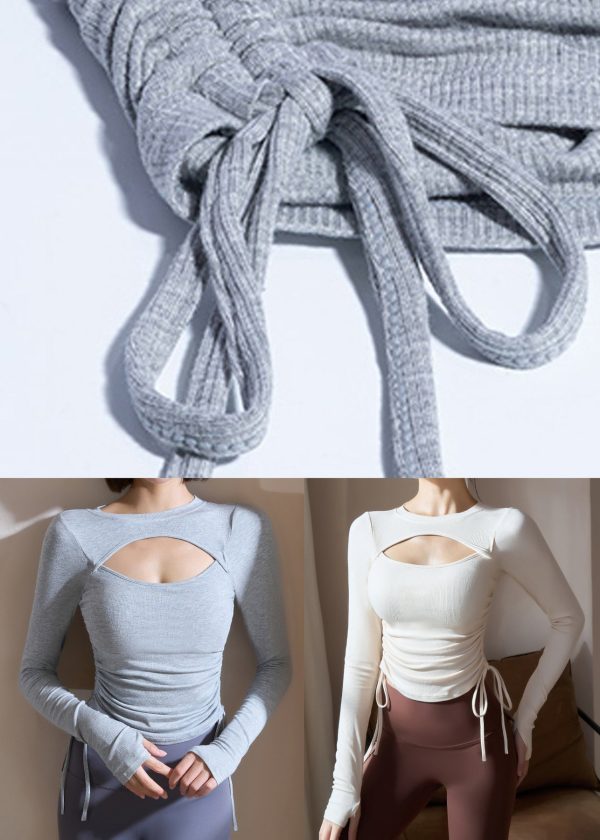 Simple White O-Neck Drawstring Spring Yoga Tops - Image 5