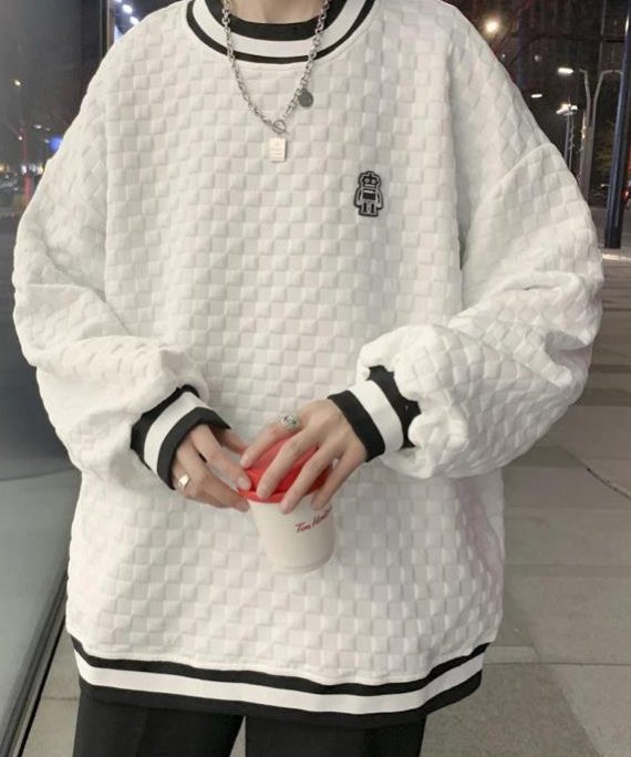 Simple White O Neck Patchwork Cotton Mens Sweatshirts Top Spring