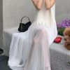 Simple White O Neck Wrinkled Silk Long Dress Sleeveless