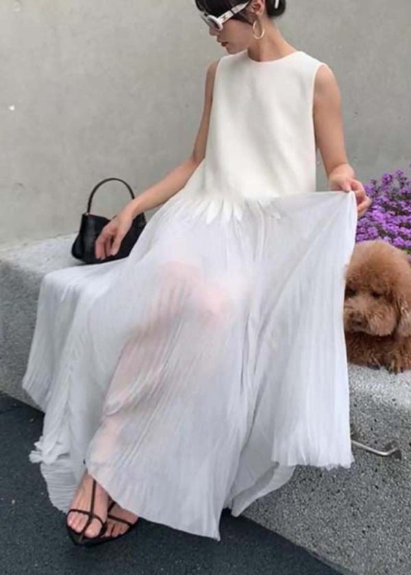 Simple White O Neck Wrinkled Silk Long Dress Sleeveless - Image 3
