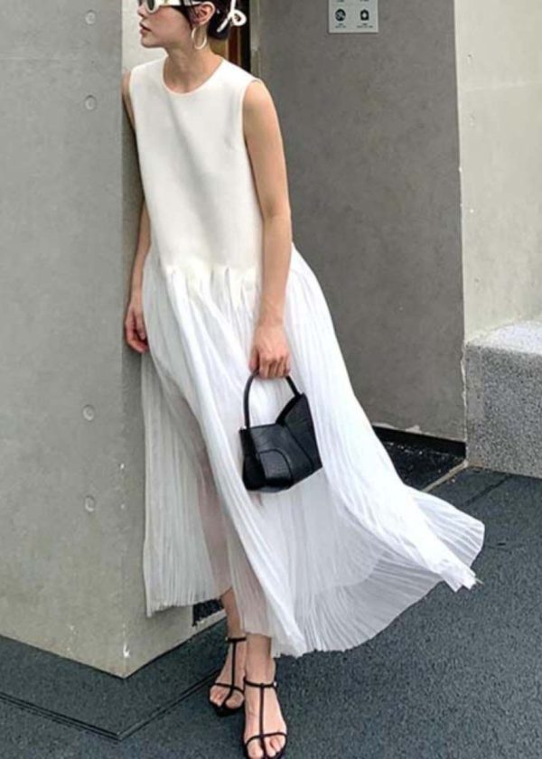 Simple White O Neck Wrinkled Silk Long Dress Sleeveless - Image 4