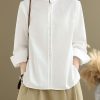 Simple White Stand Collar Button Solid Cotton Shirts Spring