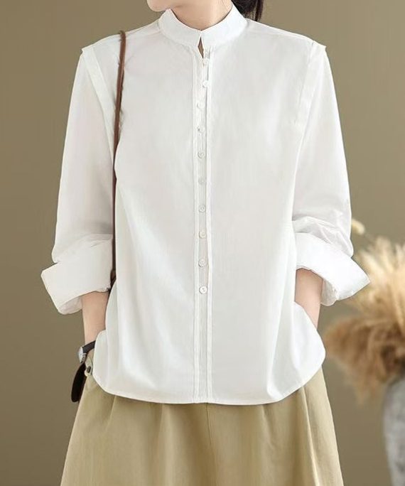 Simple White Stand Collar Button Solid Cotton Shirts Spring