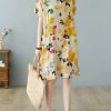 Simple Yellow O Neck Print Dress Cotton Linen Summer