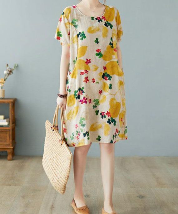 Simple Yellow O Neck Print Dress Cotton Linen Summer