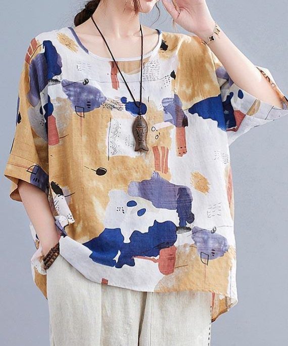 Simple Yellow Print Cotton Linen Shirt Top Summer
